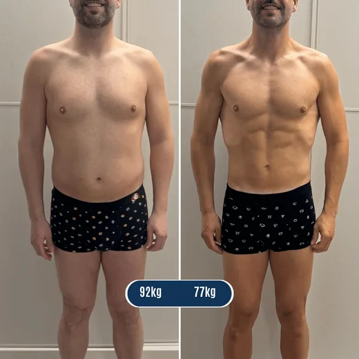 Transformación: 92 kg a 77 kg