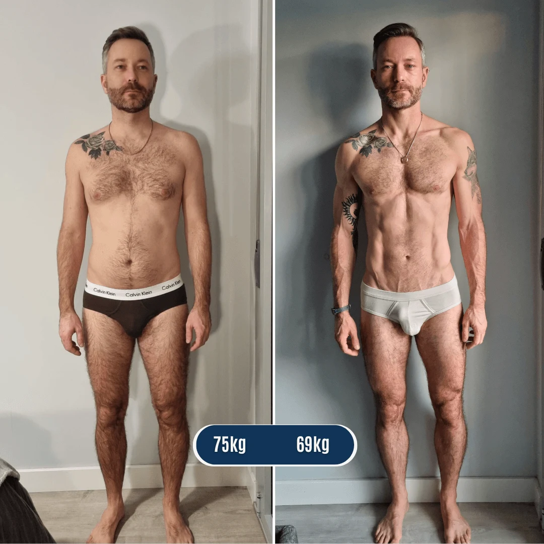 Transformación: 75 kg a 69 kg